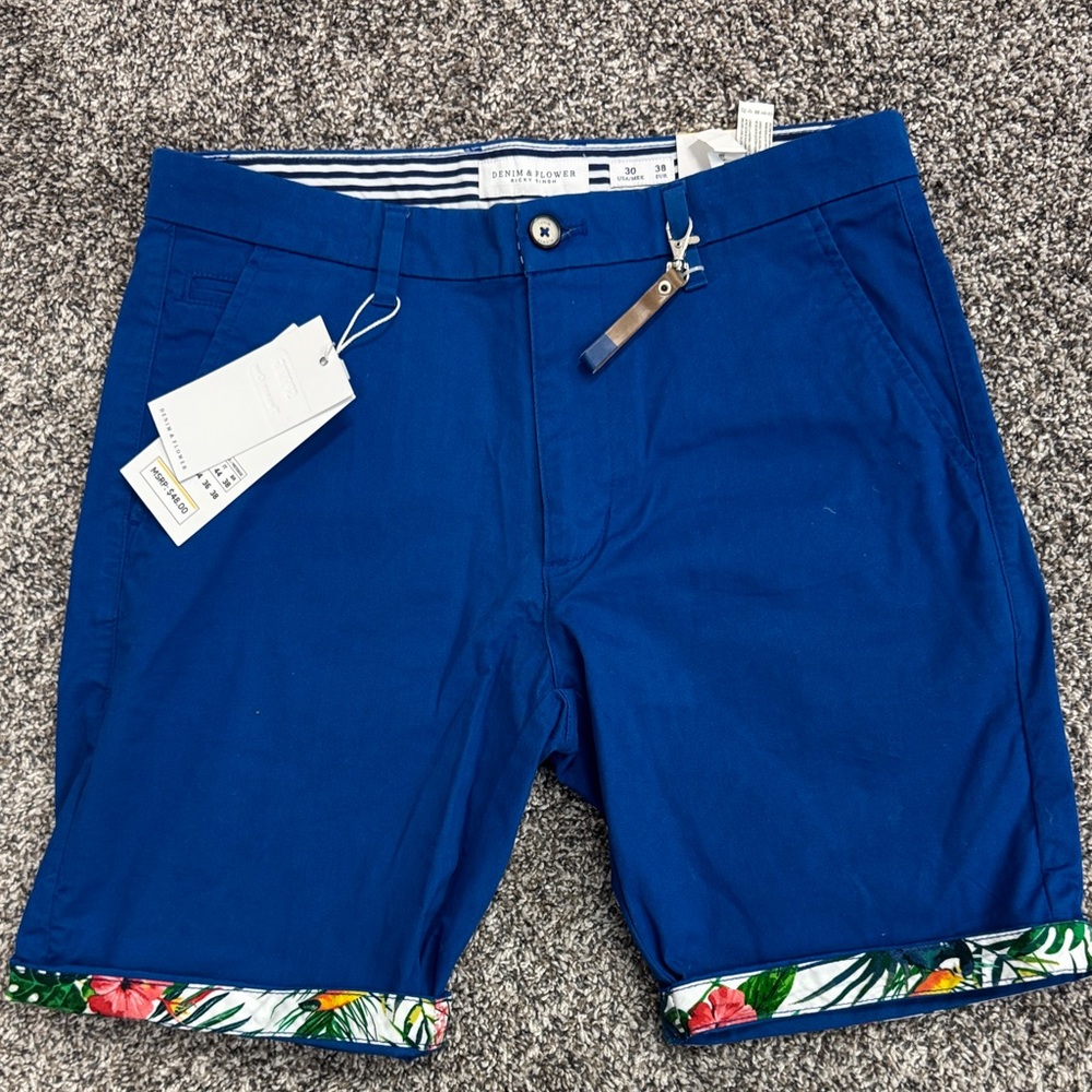 NWT Denim & Flower Men's Cobalt Blue Cotton Shorts with Floral Cuff